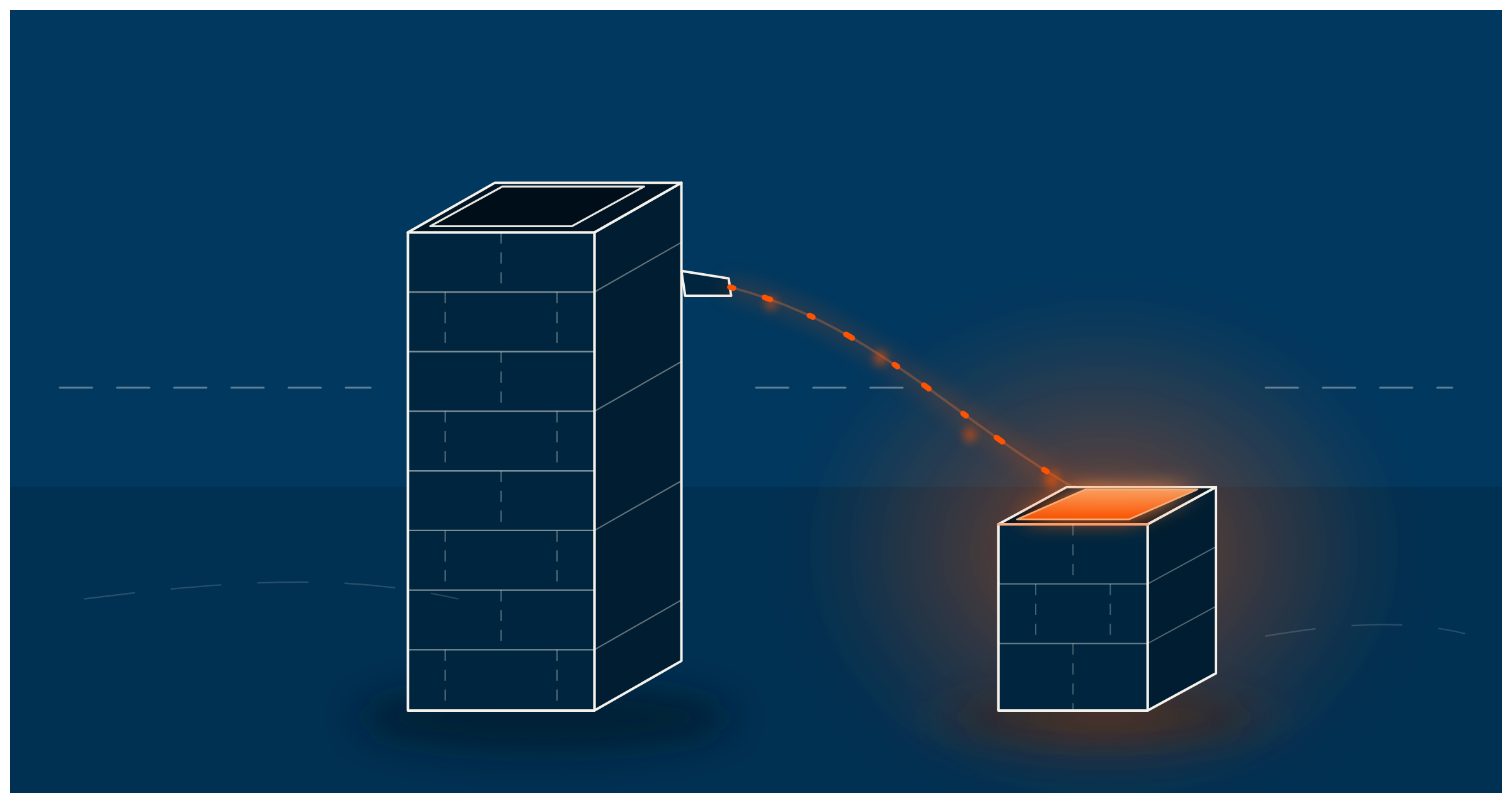 Illustration: zwei ungleich große isometrische Blöcke, vom großen fließt ein dünner orangefarbener Strom in den kleinen, dessen Oberseite glüht — Sinnbild für den ungleichen Zugang zu Rechenleistung.